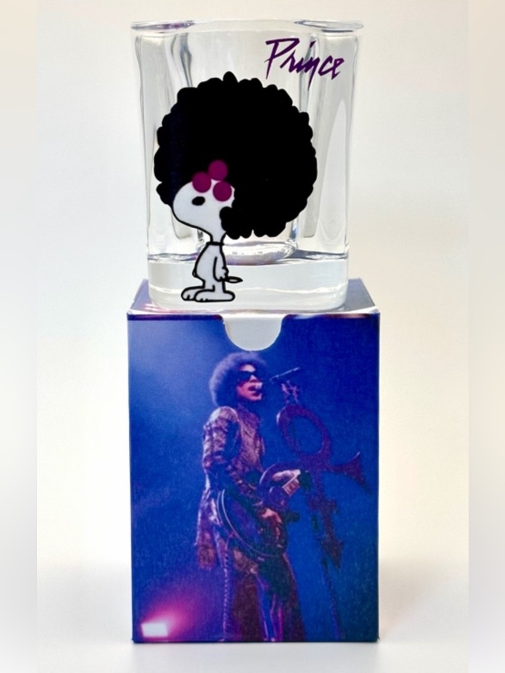 Prince Shot Glass Snoopy Graphic - Clear Glass, Purple Accents